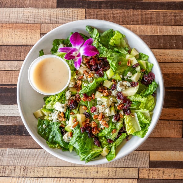 Overhead view of a fresh green salad with apples, cranberries, nuts, blue cheese, and dressing.
