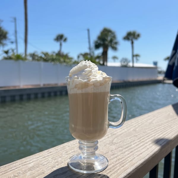 A coffee drink with whipped cream sits on a wooden railing overlooking a canal with palm trees.